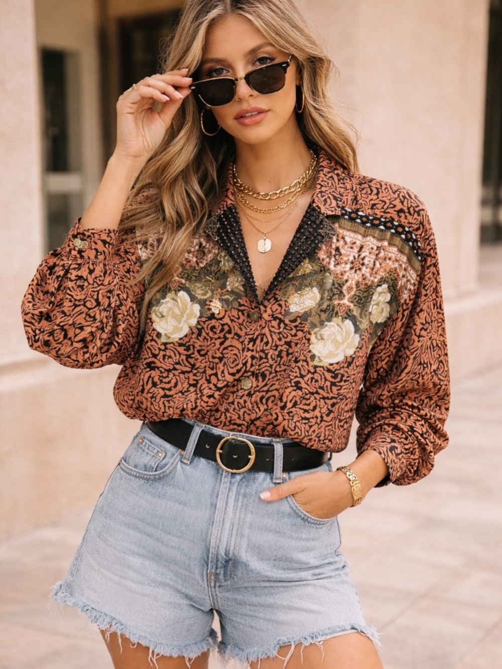 Vintage Carol Little Rayon Gauze Jacket Blouse Sz 10 Brown Boho Floral 80s 90s